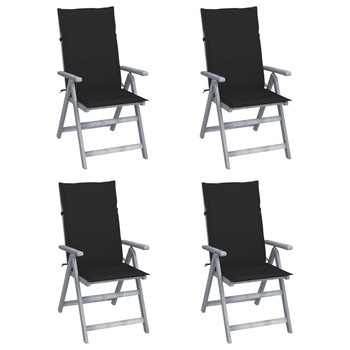 Set de 4 scaune rabatabile de gradina cu perna vidaXL, Lemn de acacia, 57 x 69 x 111 cm, Gri/Negru