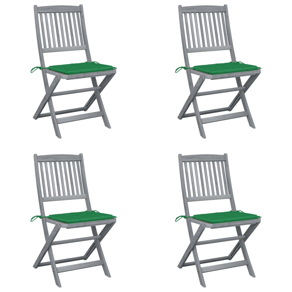 Set de 4 scaune pliabile de exterior vidaXL, Lemn de acacia-Poliester, 48,5 x 57 x 91 cm, Gri-Perne verde