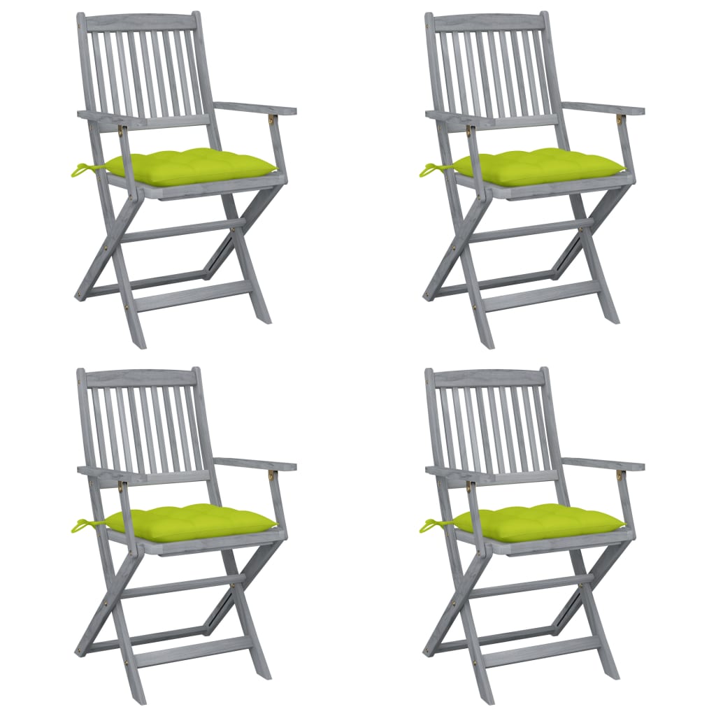 Set de 4 scaune pliabile de exterior cu perna vidaXL, Lemn de acacia, 54 x 57 x 91 cm, Gri/Verde deschis