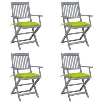 Set de 4 scaune pliabile de exterior cu perna vidaXL, Lemn de acacia, 54 x 57 x 91 cm, Gri/Verde deschis Set de 4 scaune pliabile de exterior cu perna vidaXL, Lemn de acacia, 54 x 57 x 91 cm, Gri/Verde deschis