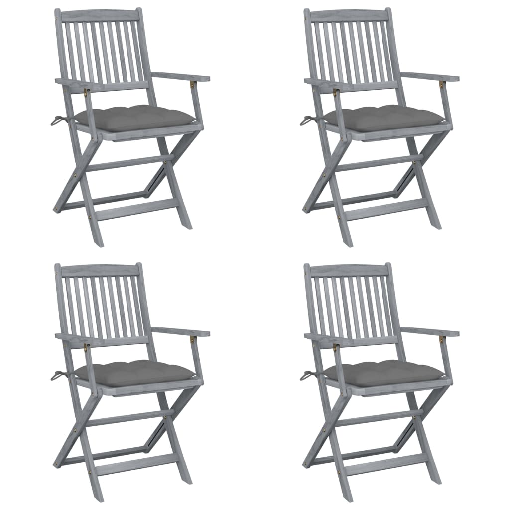 Set de 4 scaune pliabile de gradina, cu perne de sezut, cu brate, vidaXL, Lemn de acacia, 54 x 57 x 91 cm, 7 cm, Gri