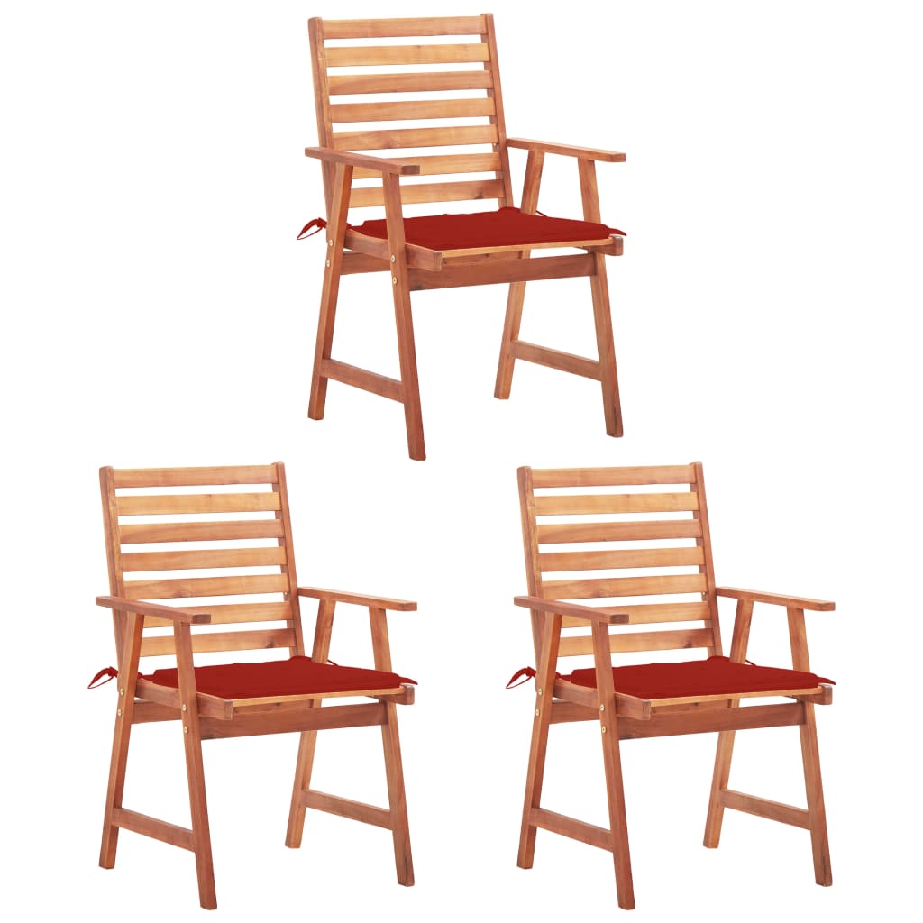 Set de 3 scaune de masa de exterior cu perna vidaXL, Lemn de acacia, 56 x 62 x 92 cm, Maro/Rosu