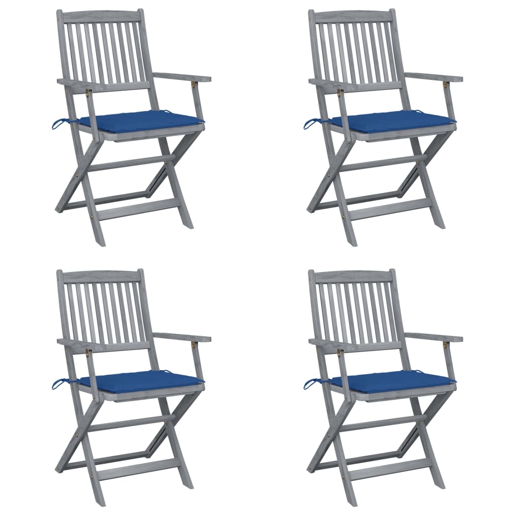 Set de 4 scaune pliabile de exterior cu perne, vidaXL, Lemn de acacia-Poliester, 54 x 57 x 91 cm, 4 cm, Gri/Perne albastru