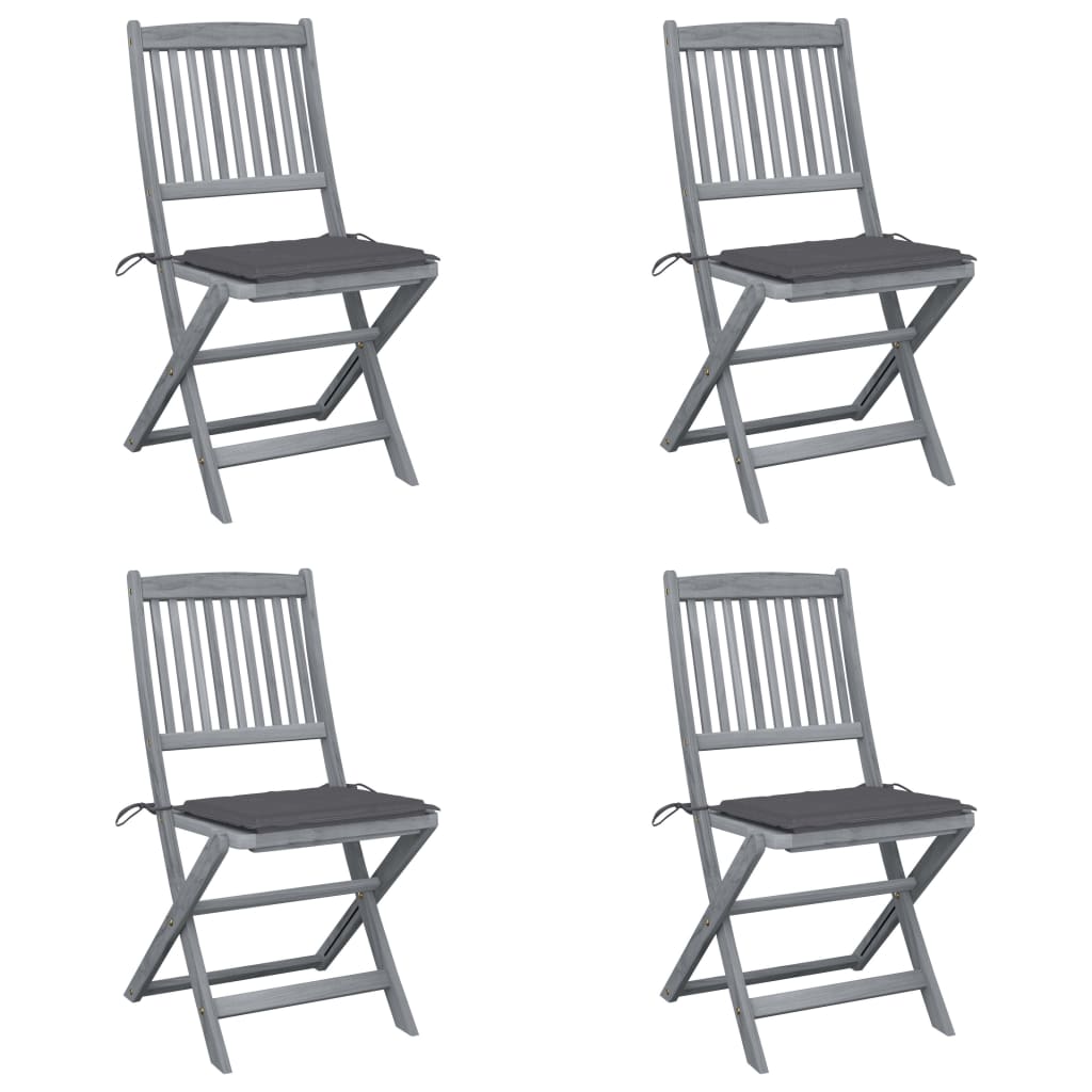 Set de 4 scaune pliabile de gradina-exterior, vidaXL, Lemn de acacia, 48,5 x 57 x 91 cm, 4 cm, Gri