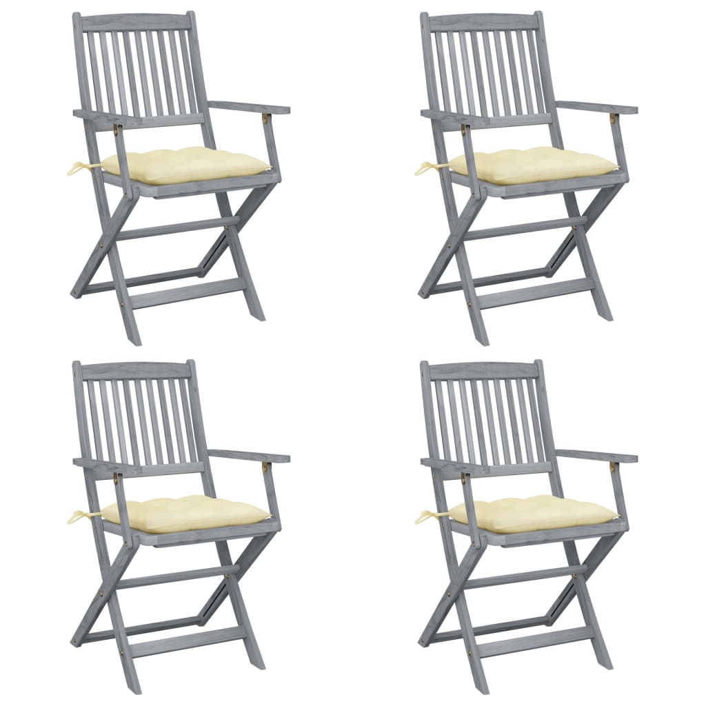 Set de 4 scaune pliabile de gradina, cu perne de sezut, cu brate, vidaXL, Lemn de acacia, 54 x 57 x 91 cm, 7 cm, Gri/Crem