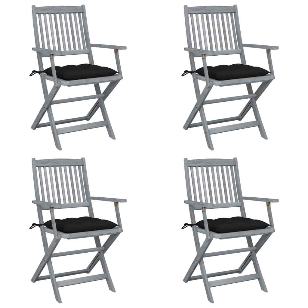 Set de 4 scaune pliabile de gradina, cu perne de sezut, cu brate, vidaXL, Lemn de acacia, 54 x 57 x 91 cm, 7 cm, Gri/Negru