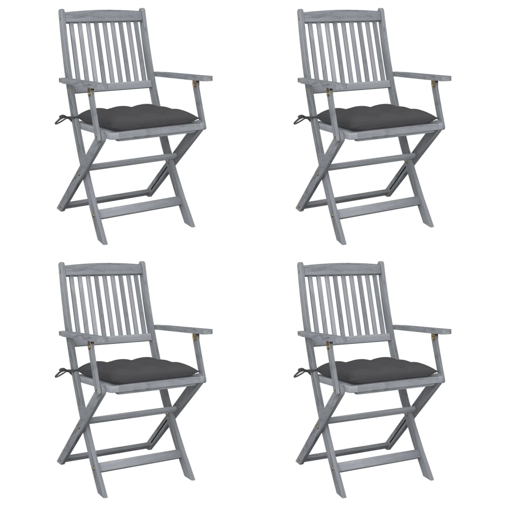 Set de 4 scaune pliabile de gradina, cu perne de sezut, cu brate, vidaXL, Lemn de acacia, 54 x 57 x 91 cm, 7 cm, Gri antracit
