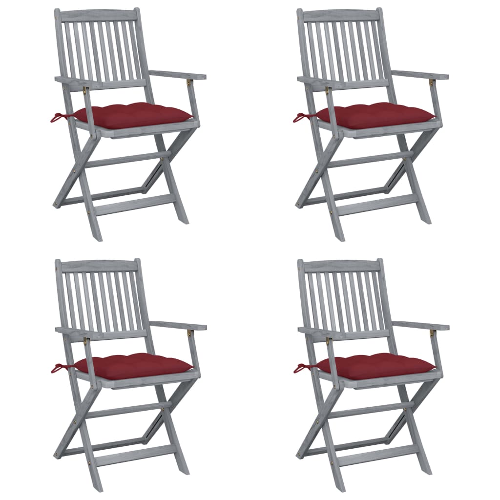 Set de 4 scaune pliabile de gradina, cu perne de sezut, cu brate, vidaXL, Lemn de acacia, 54 x 57 x 91 cm, 7 cm, Gri/Grena