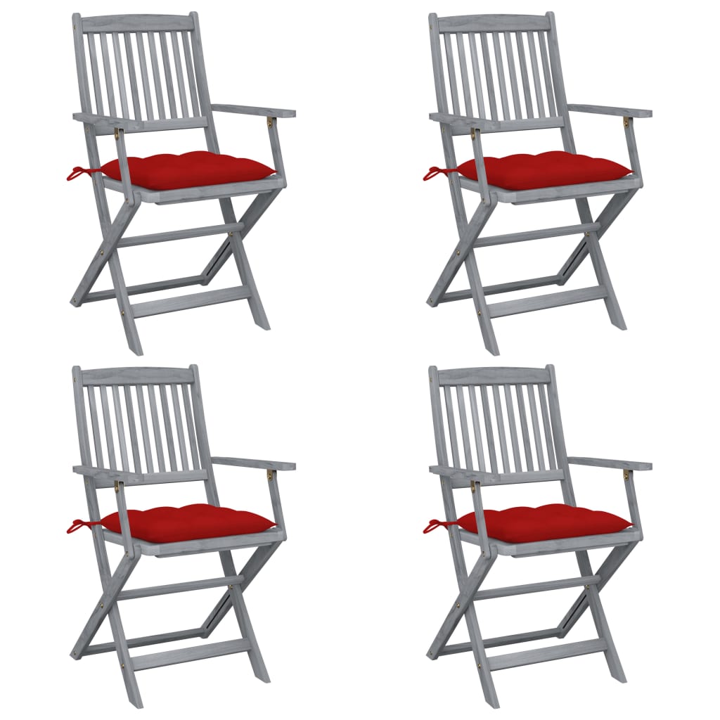 Set de 4 scaune pliabile de exterior cu perna vidaXL, Lemn de acacia, 54 x 57 x 91 cm, Gri/Rosu