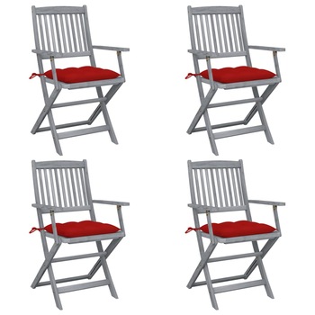 Set de 4 scaune pliabile de exterior cu perna vidaXL, Lemn de acacia, 54 x 57 x 91 cm, Gri/Rosu