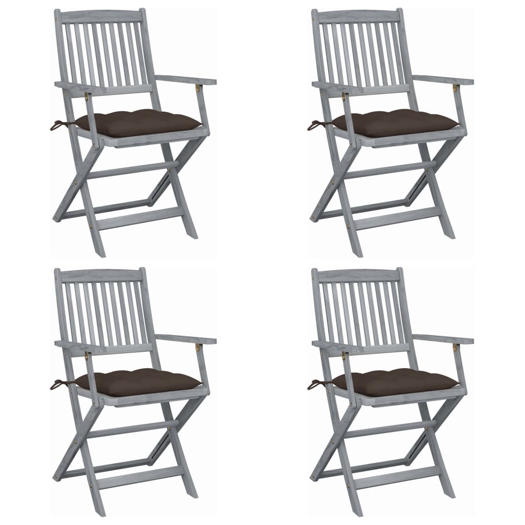 Set de 4 scaune pliabile de gradina, cu perne de sezut, cu brate, vidaXL, Lemn de acacia, 54 x 57 x 91 cm, 7 cm, Gri/Taupe