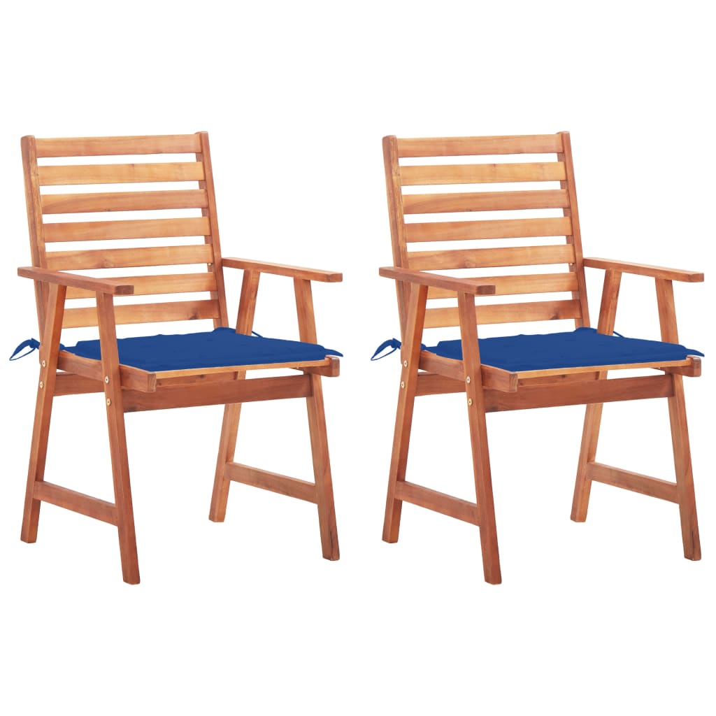 Set de 2 scaune de exterior cu perne, vidaXL, Lemn de acacia-Poliester, 56 x 62 x 92 cm, 4 cm, Maro/Albastru regal