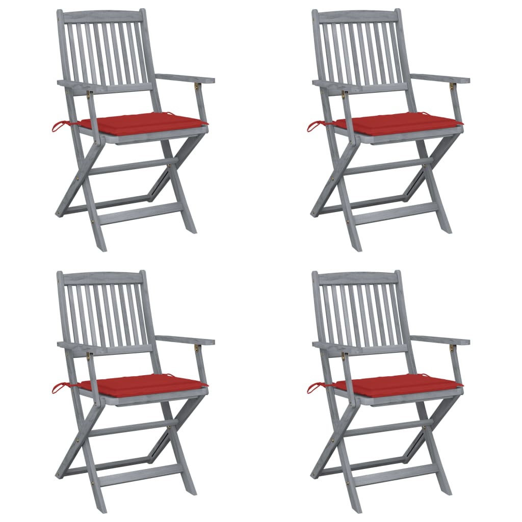 Set de 4 scaune pliabile de exterior cu perne, vidaXL, Lemn de acacia-Poliester, 54 x 57 x 91 cm, 4 cm, Gri/Perne rosu