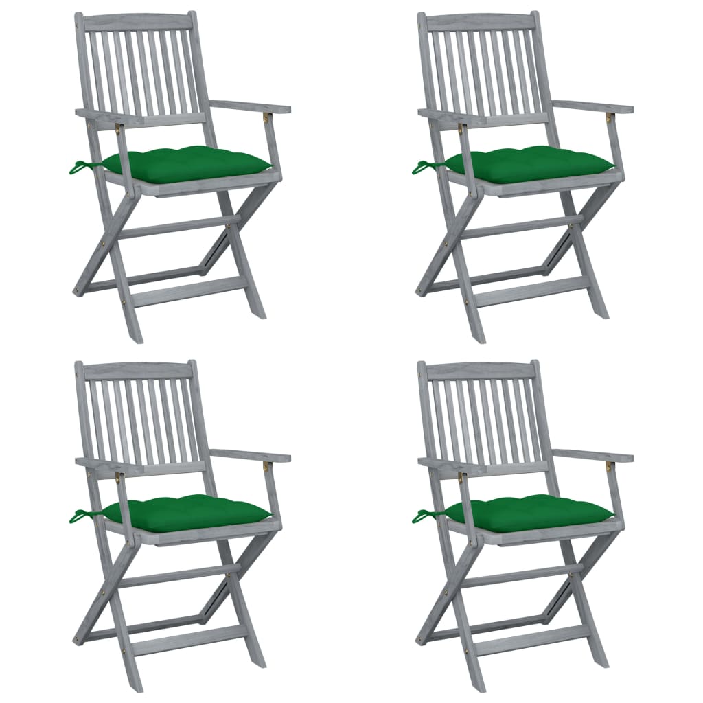 Set de 4 scaune pliabile de exterior cu perna vidaXL, Lemn de acacia, 54 x 57 x 91 cm, Gri/Verde
