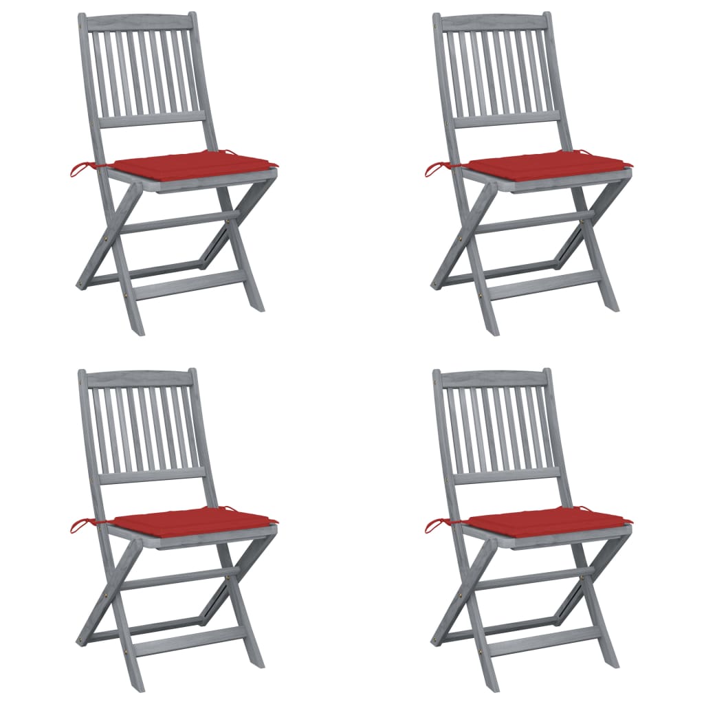 Set de 4 scaune pliabile de exterior vidaXL, Lemn de acacia-Poliester, 48,5 x 57 x 91 cm, Gri-Perne rosu
