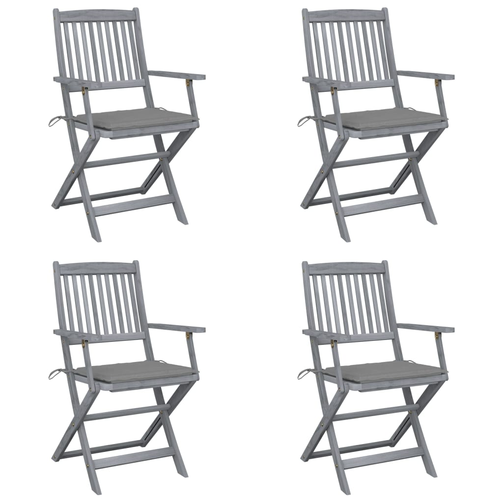 Set de 4 scaune pliabile de exterior cu perne, vidaXL, Lemn de acacia-Poliester, 54 x 57 x 91 cm, 4 cm, Gri/Perne gri deschis