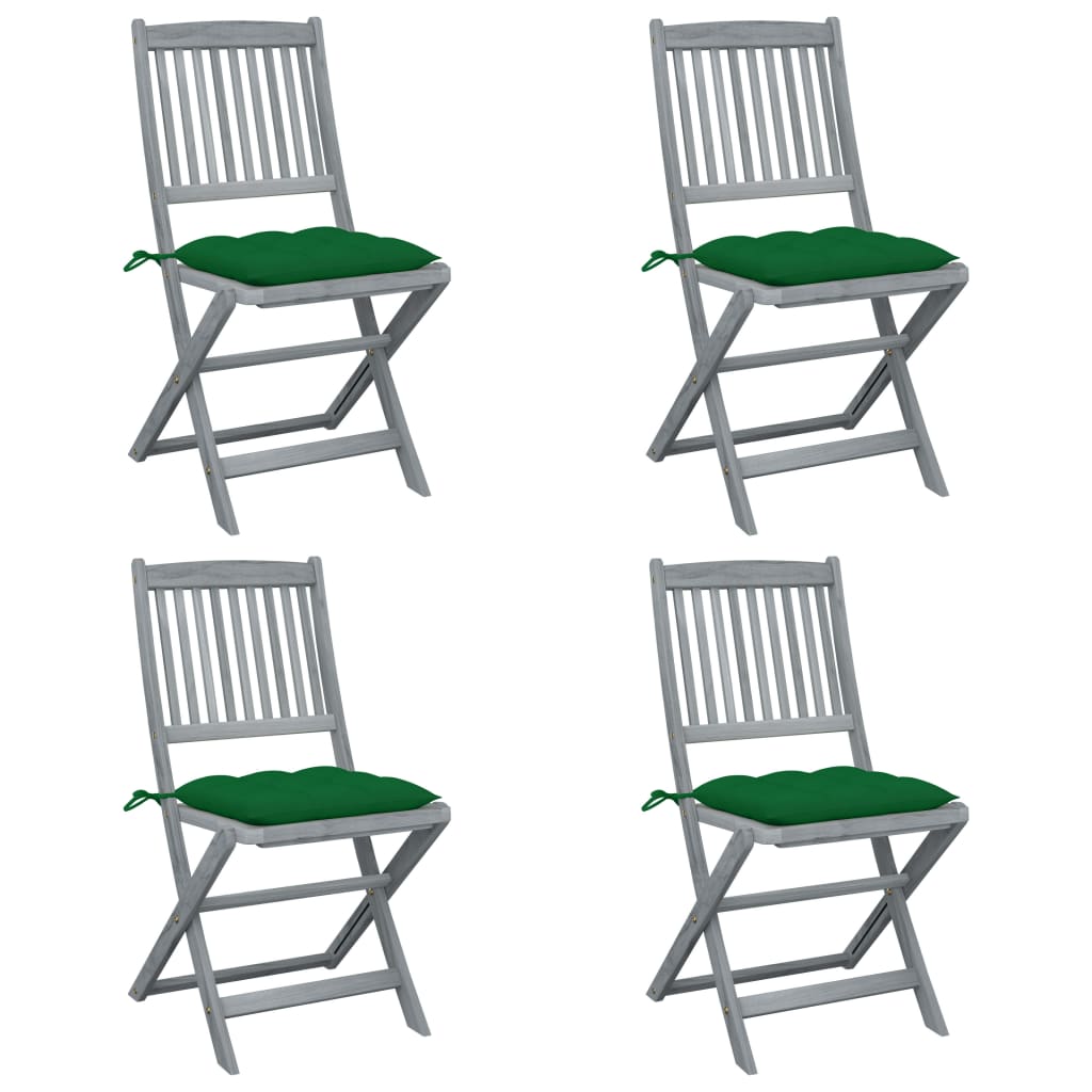 Set de 4 scaune pliabile de exterior cu perna colorata vidaXL, Lemn de acacia, 48.5 x 57 x 91 cm, Gri/Verde