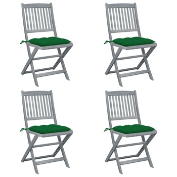 Set de 4 scaune pliabile de exterior cu perna colorata vidaXL, Lemn de acacia, 48.5 x 57 x 91 cm, Gri/Verde