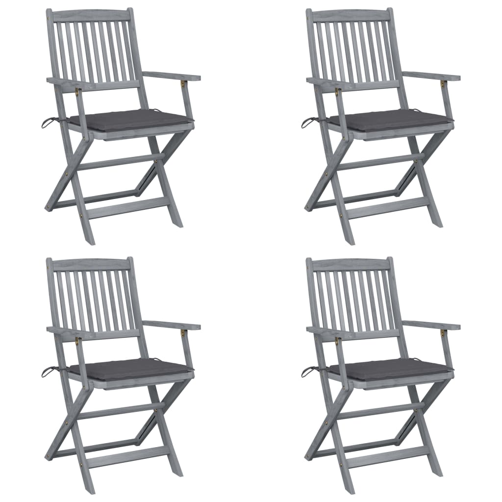 Set de 4 scaune pliabile de exterior cu perne, vidaXL, Lemn de acacia-Poliester, 54 x 57 x 91 cm, 4 cm, Gri/Perne antracit