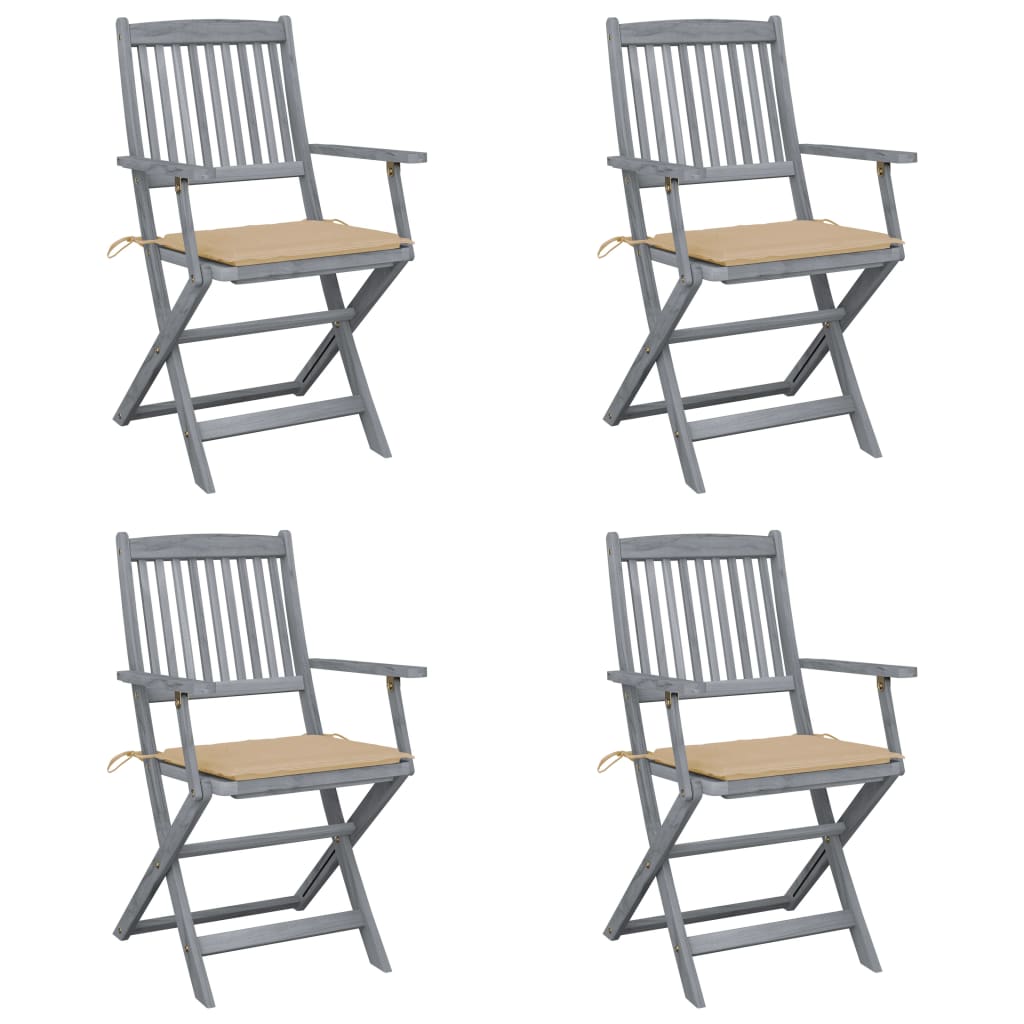 Set de 4 scaune pliabile de gradina-exterior, vidaXL, Lemn de acacia, 54 x 57 x 91 cm, 4 cm, Gri/Bej