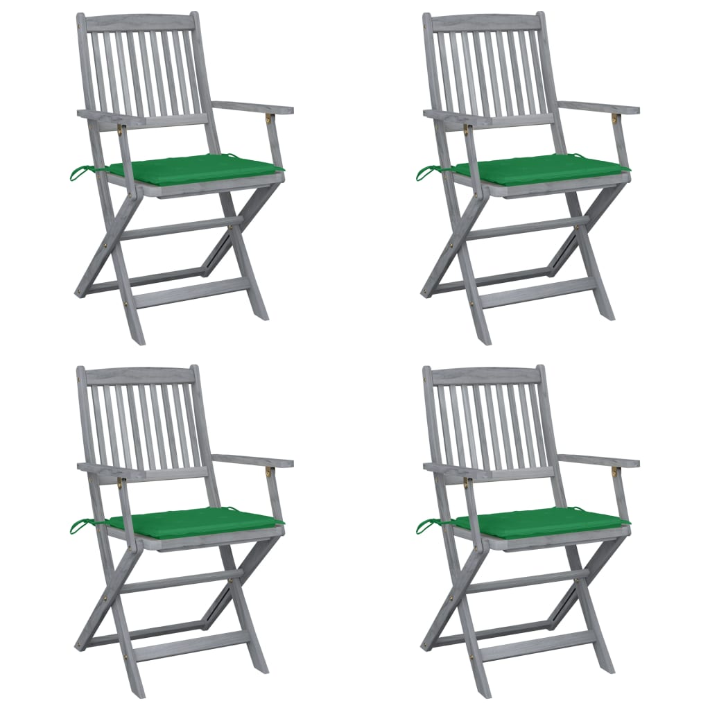 Set de 4 scaune pliabile de exterior cu perne, vidaXL, Lemn de acacia-Poliester, 54 x 57 x 91 cm, 4 cm, Gri/Perne verde