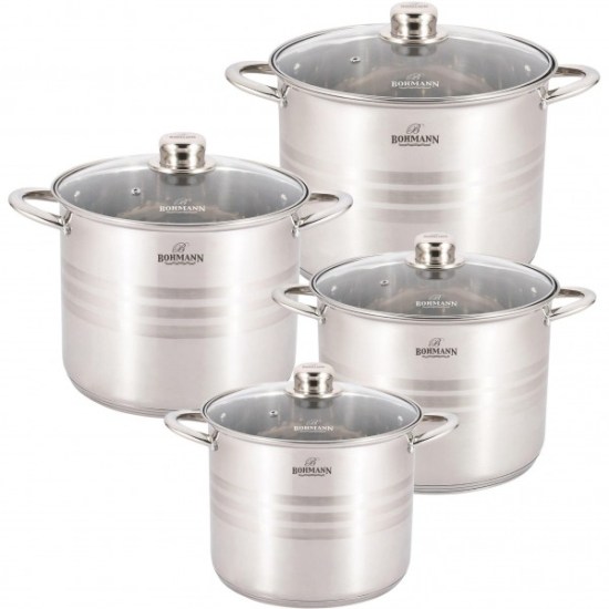 Set de 4 Oale, 4 capace din Otel inoxidabil, Capacitate de 7L, 9L, 11.5L, 13.5L, Capac din sticla, Scara de masurare interna, Fund de stocare termina, Orificiu pentru iesirea aburului pe capac, Gri