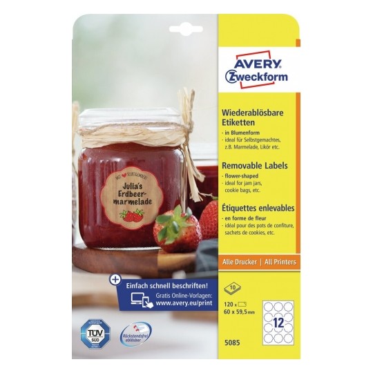 Etichete Avery Zweckform 5085, repozitionabile 12/A4, contur floare, dimensiune 60 mm, 10 coli/top