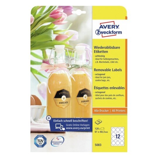 Etichete Avery Zweckform 5083, repozitionabile 12/A4, octagon, diametru 60 mm, 10 coli/top