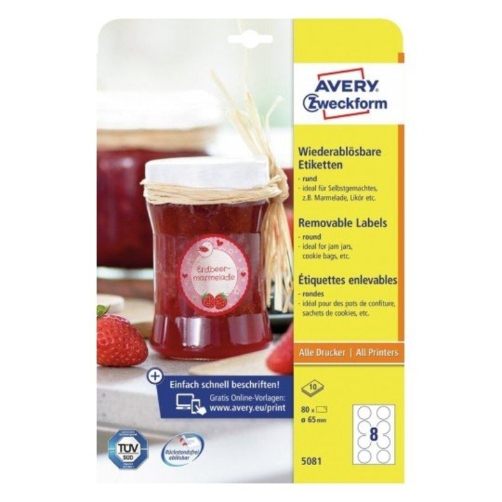 Etichete Avery Zweckform 5081, repozitionabile 8/A4, rotunde, diametru 65 mm, 10 coli/top