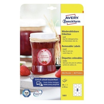 Etichete Avery Zweckform 5081, repozitionabile 8/A4, rotunde, diametru 65 mm, 10 coli/top Etichete Avery Zweckform 5081, repozitionabile 8/A4, rotunde, diametru 65 mm, 10 coli/top