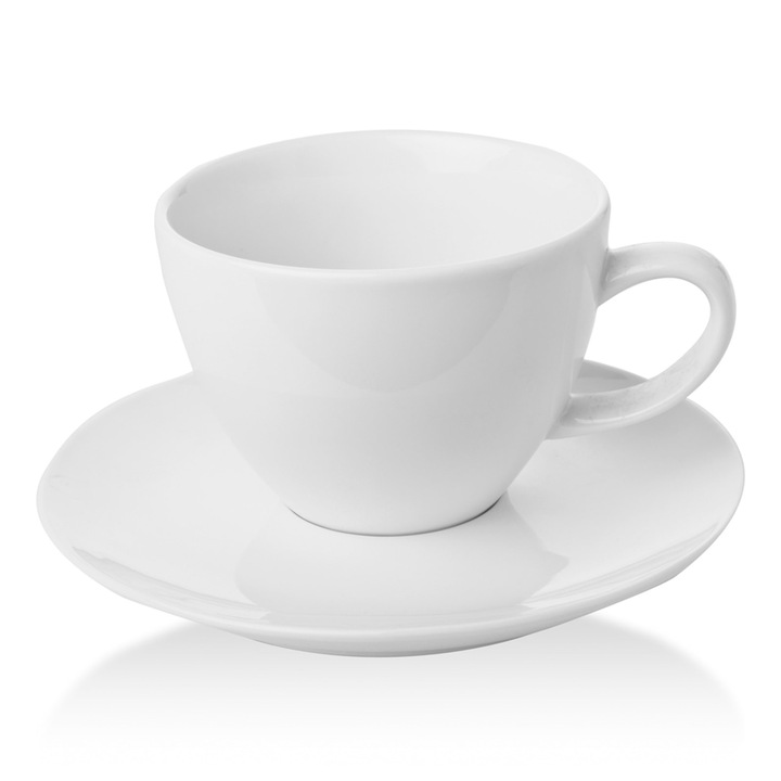 Ceasca eleganta cu farfurie Fine Dine, Bianco, Alb, portelan vitrificat, rezistenta la temperaturi de pana la 180 C, 70 ml