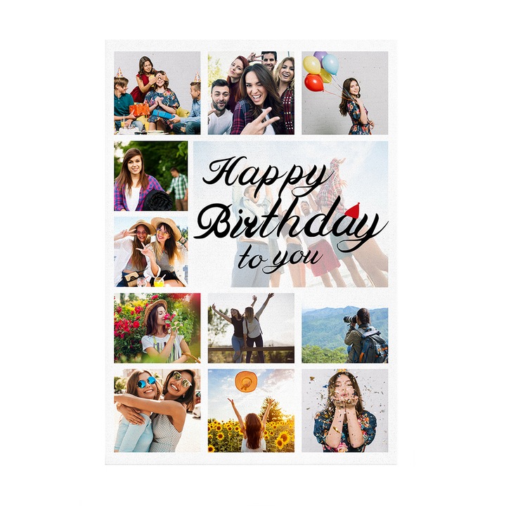 Персонализирана картина на канава "Честит рожден ден", колаж от 12 снимки, размер 600x900 мм, портретна ориентация