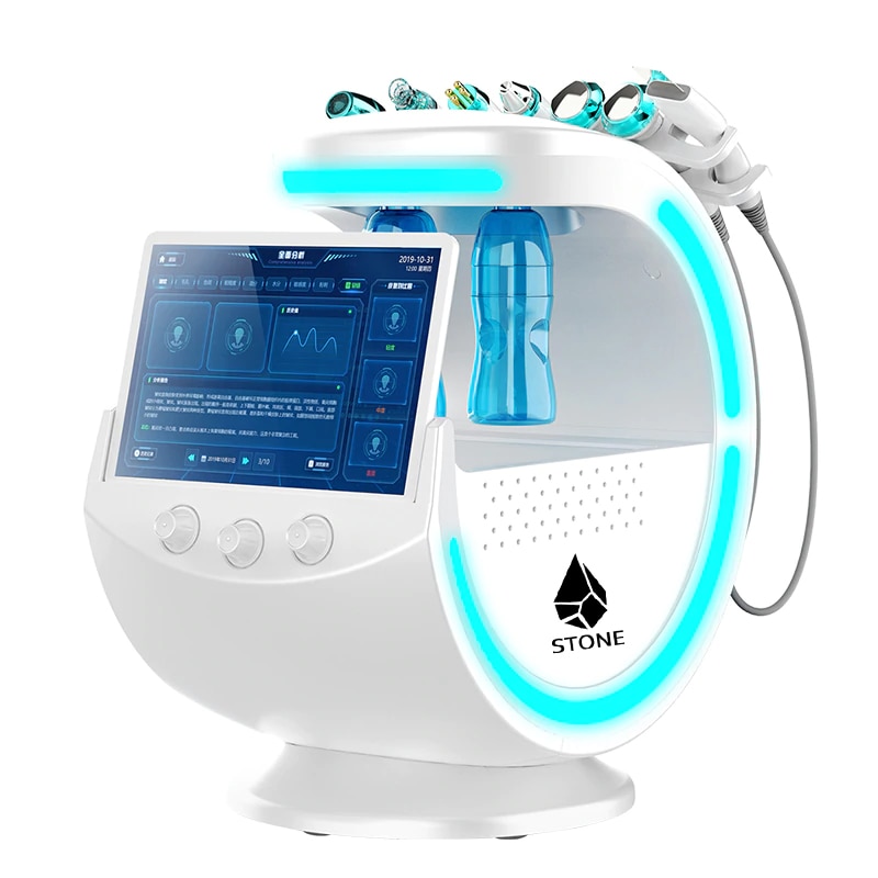Echipament 7in1 intretinere si ingrijire faciala hidrodermabraziune, Stone, mezoterapie cu oxigen, ultrasunete, radiofrecventa, crioterapie si analizor de piele, alb