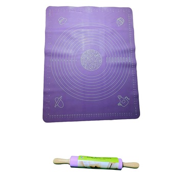 Set plansa pentru Aluat din Silicon 50x70 cm + Sucitor pentru Aluat, Lemn si Silicon, 30x4 cm, Mov Set plansa pentru Aluat din Silicon 50x70 cm + Sucitor pentru Aluat, Lemn si Silicon, 30x4 cm, Mov