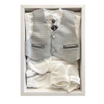 Set Costum Baieti pentru Botez, 5 piese, din Bumbac Natural 100%, culoare Alb/Albastru, 0-3 luni, AK7423 Set Costum Baieti pentru Botez, 5 piese, din Bumbac Natural 100%, culoare Alb/Albastru, 0-3 luni, AK7423