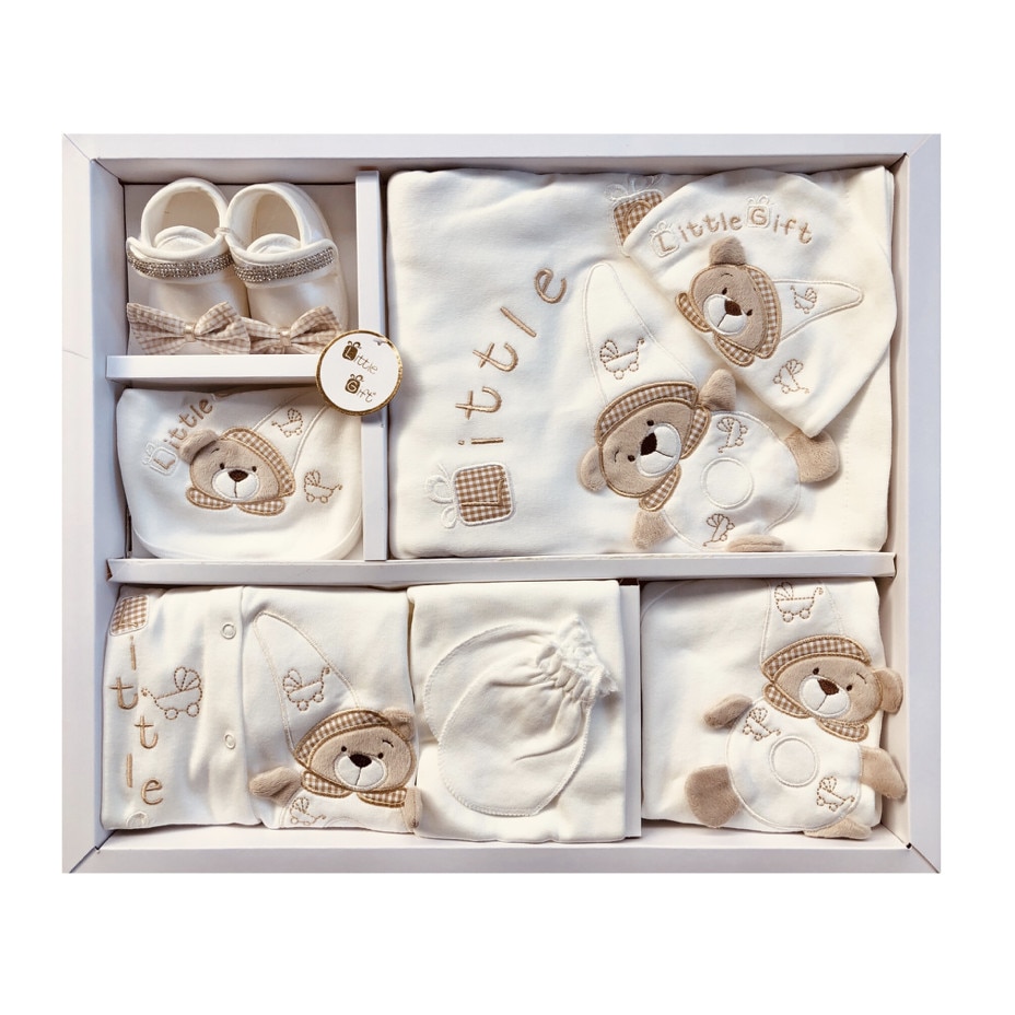 Set cadou AKU 10 piese pentru Bebelusi, Nou-Nascuti, Model cu Ursuleti, 0-3 luni, Bumbac 100%, culoare Alb/Bej AK7419