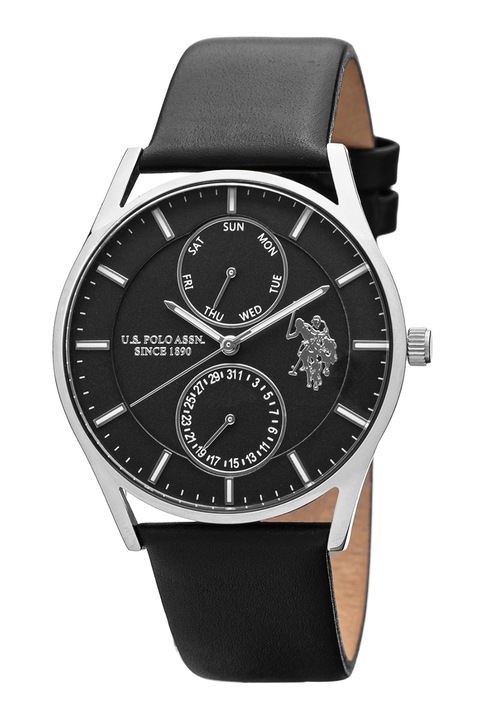 U.S. Polo Assn., Мултифункционален часовник с кожена каишка, Черен / Сребрист