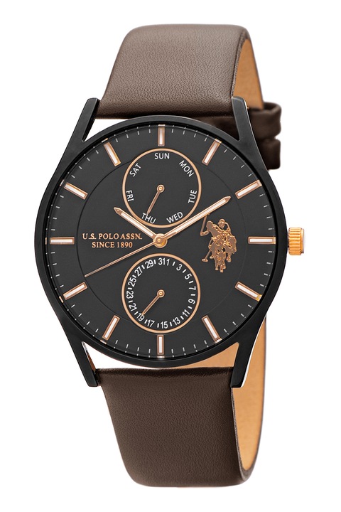 U.S. Polo Assn., Мултифункционален часовник с кожена каишка, Тъмнокафяв