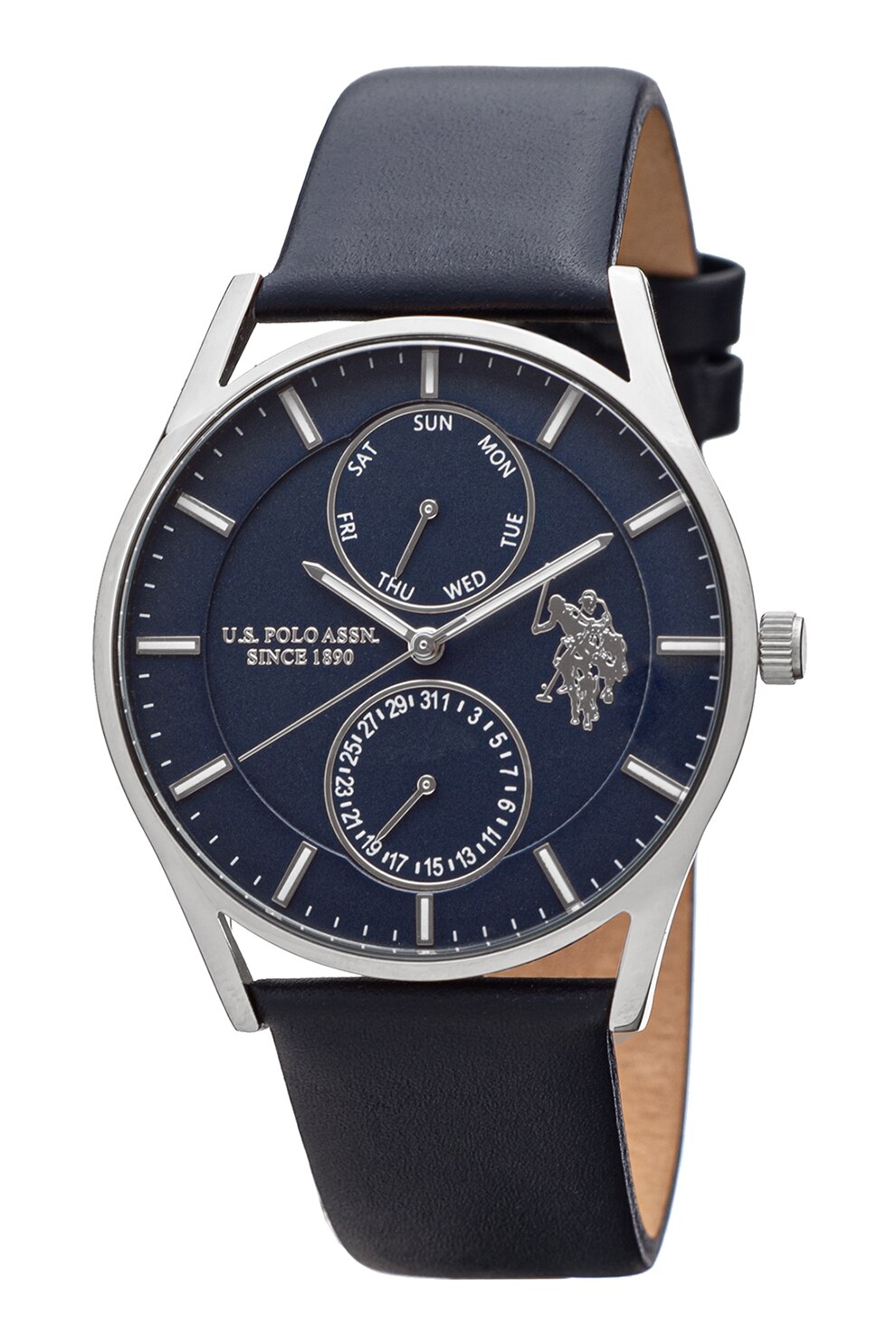 U.S. Polo Assn., Ceas cu functii multiple si curea de piele, Bleumarin inchis/Argintiu