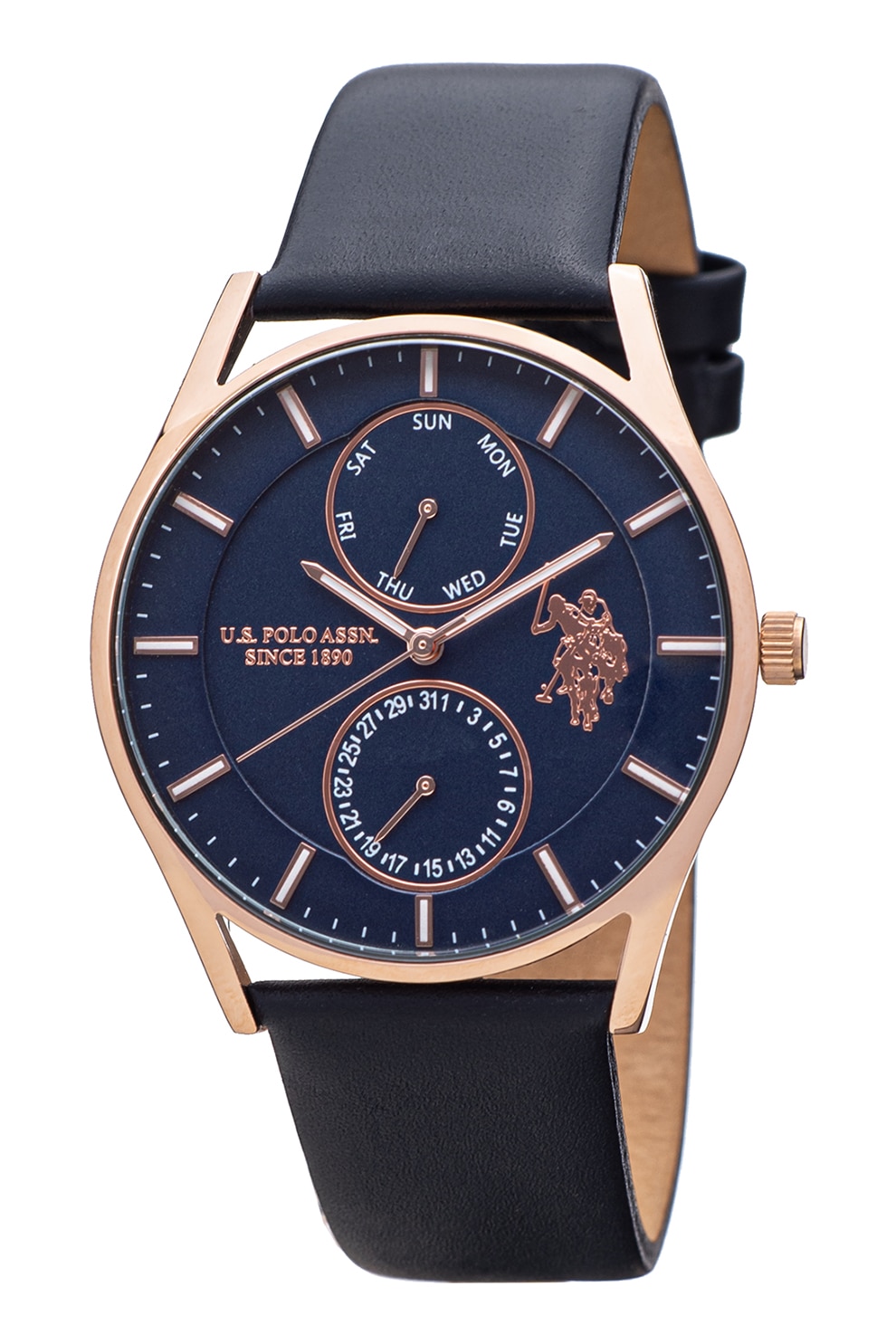 U.S. Polo Assn., Ceas cu functii multiple si curea de piele, Negru/Auriu rose