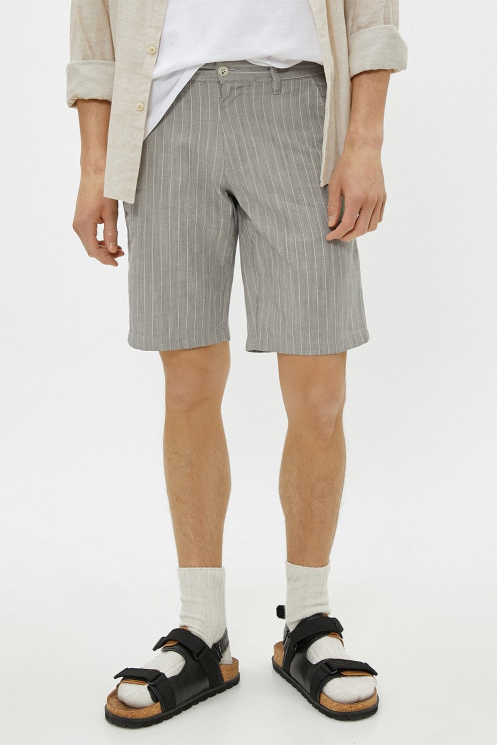 KOTON, Pantaloni scurti chino cu dungi discrete, Gri melange, XS