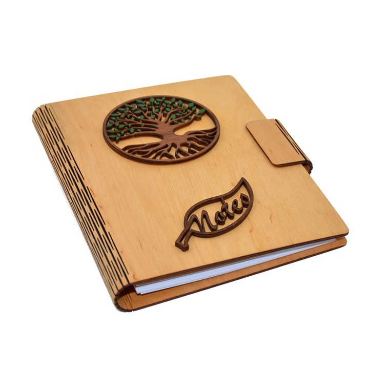 Agenda A5 din lemn, natur, Piksel, Pomul vietii, 100 pagini si pix din lemn inclus