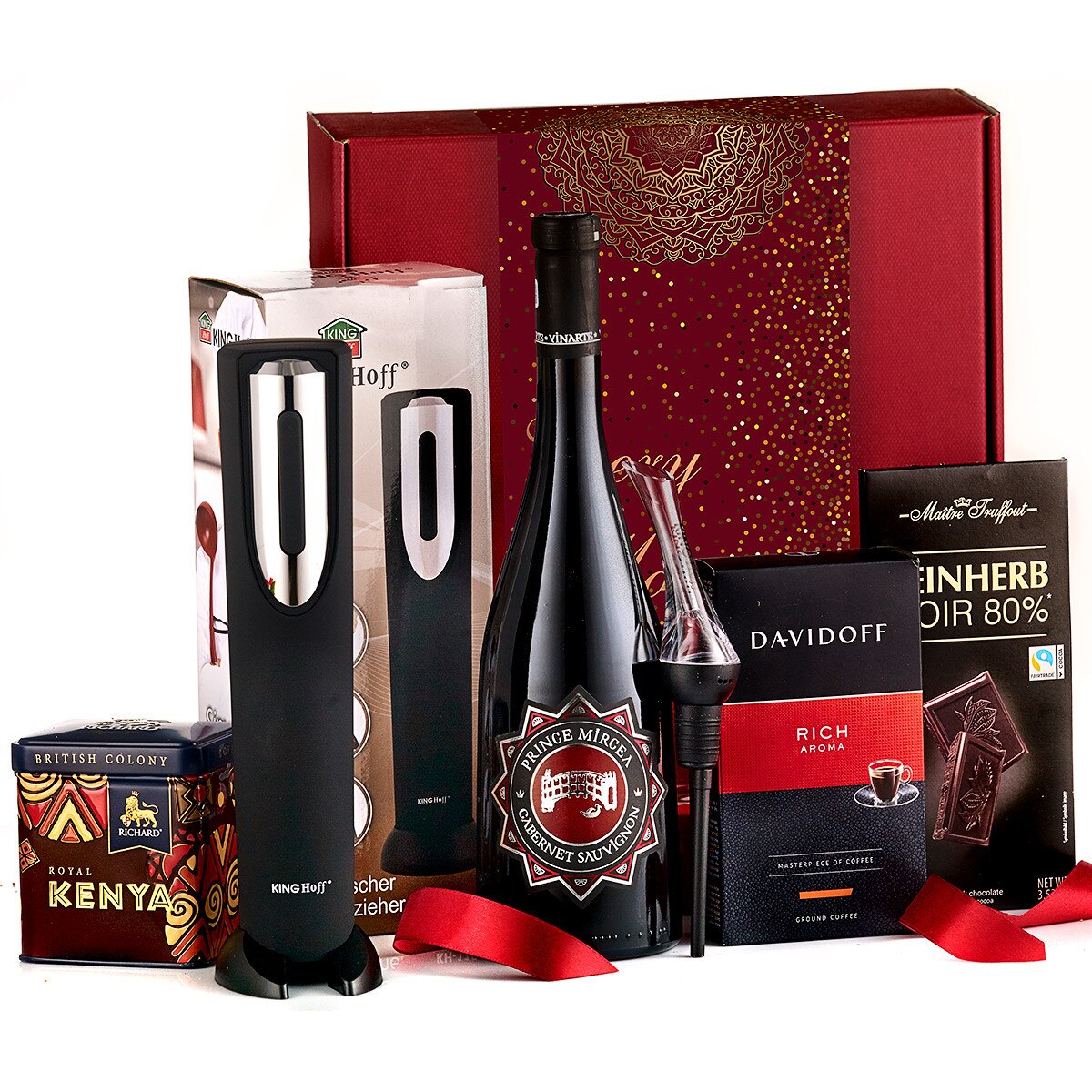 Cadou Aristocratic cu Vin rosu Prince Mircea, Desfacator Vin Electric, Aerator si picurator pentru vin,Cafea Davidoff ,Ciocolata