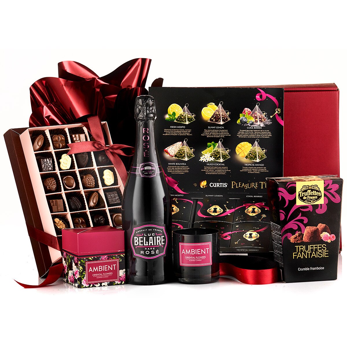 Cadou Pleasure Time cu Vin Spumant Luc Belaire Rosé, trufe, Ceai Curtis, Praline De Luxe, Lumanare parfumata