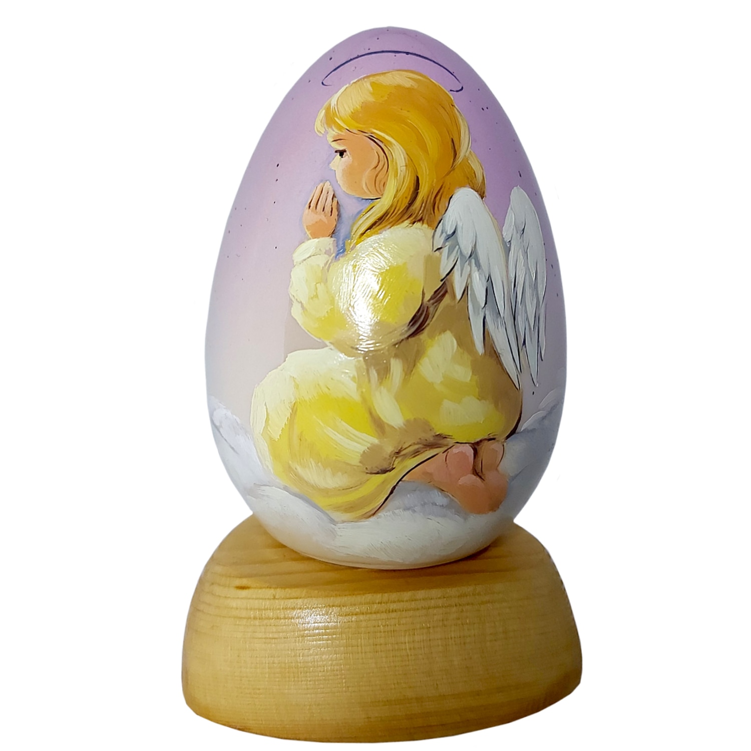 Icoana ArtDeco Inger pazitor, pictura in ulei pe ou de portelan violet glazurat, dimensiuni 14 cm inaltime, 8 cm latime si 8 cm lungime, compozitie proprie