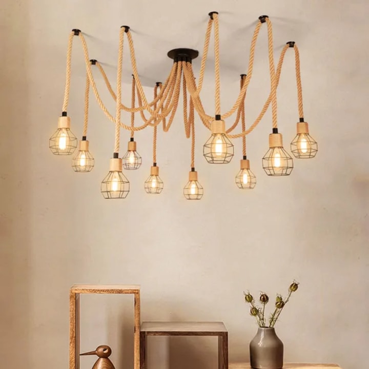 Lustra SPIDER Vintage 10 brate textile tip franghie, Bej, E27, 60W, IP20
