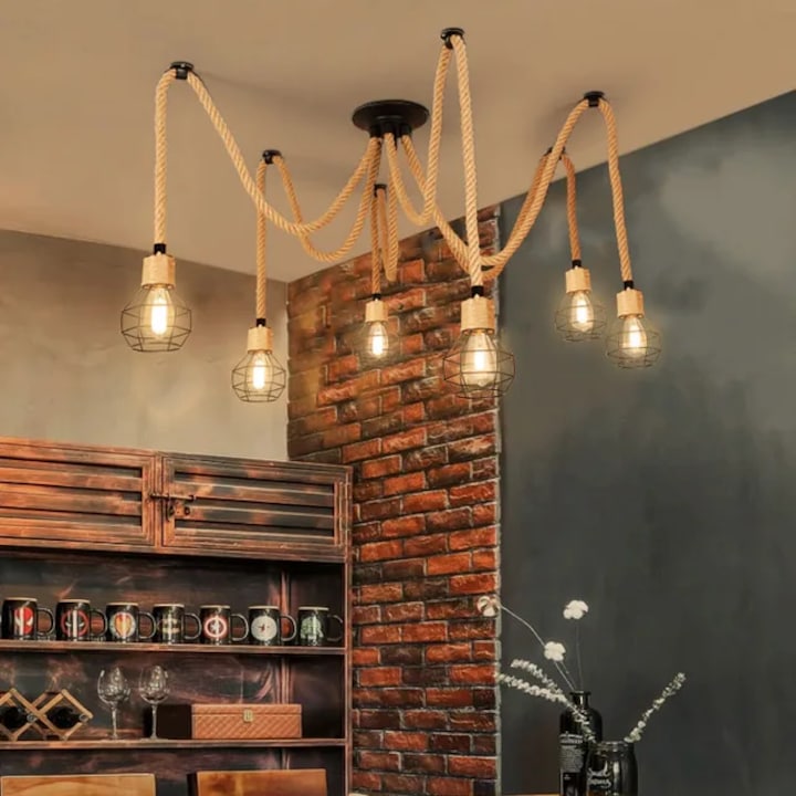 Lustra SPIDER Vintage 6 brate textile tip franghie, Bej, E27, 60W, IP20