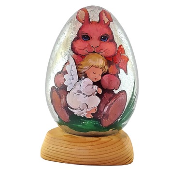 Decoratiune AtrDeco Iepuras cu Ingeras, pictura in ulei pe ou de portelan argintiu texturat, dimensiuni 16 cm inaltime, 10 cm latime si 10 cm lungime, compozitie proprie Decoratiune AtrDeco Iepuras cu Ingeras, pictura in ulei pe ou de portelan argintiu texturat, dimensiuni 16 cm inaltime, 10 cm latime si 10 cm lungime, compozitie proprie