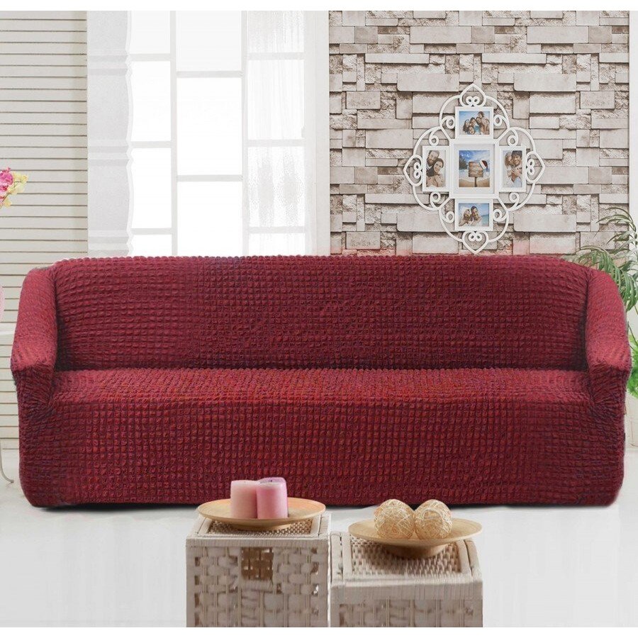 Husa elastica din material creponat, pentru canapea 3 locuri, 180/230 x 90/110 x 50/80 cm, Bordo