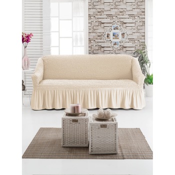 Husa elastica din material creponat, cu volan, pentru canapea 2 locuri, 130/180 x 90/110 x 50/80 cm, Ecru Husa elastica din material creponat, cu volan, pentru canapea 2 locuri, 130/180 x 90/110 x 50/80 cm, Ecru